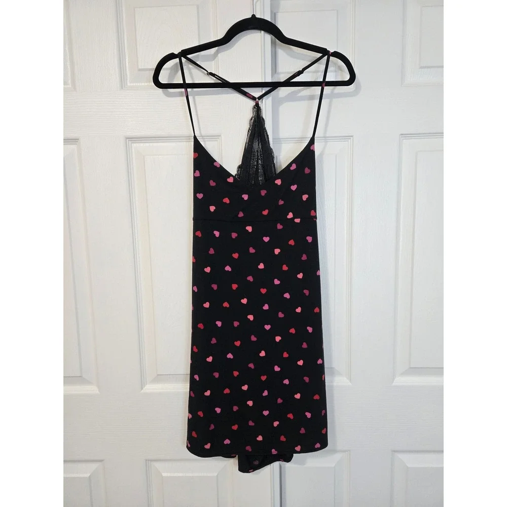 Victoria's Secret Black Heart Print Lace Racerback Modal Chemise Nightgown XL